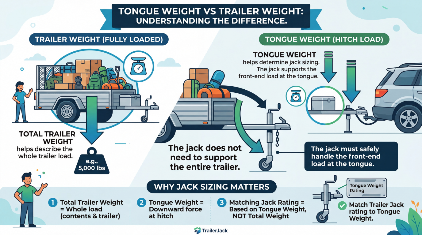 trailer jack capacity infographic explaining vertical load, lifting performance, crank effort, stability under load, and why jack load rating matters